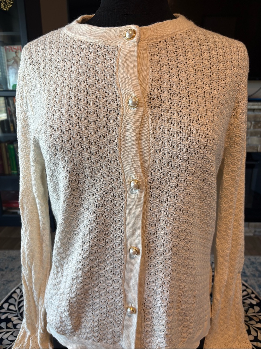 Button-Front Openwork Knit Cardigan in Cream